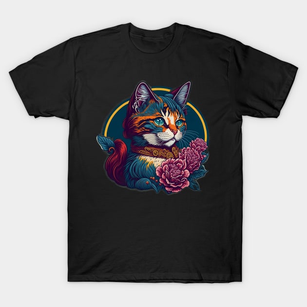 Paws and Petals: Charming Cartoon Cat in a Collar and Floral Finery T-Shirt by ImaginativeInkPOD